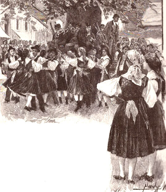 Črnobela grafika, v ospredju dve dekleti v narodni noše, v ozadju dekleta in fantje, ki plešejo pod vaško lipo